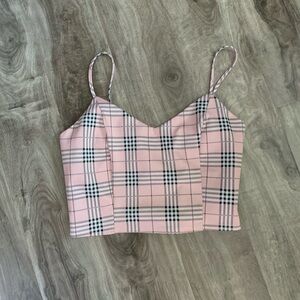 LOVE TREE plaid pink crop top with zipper inside and adjustable straps
